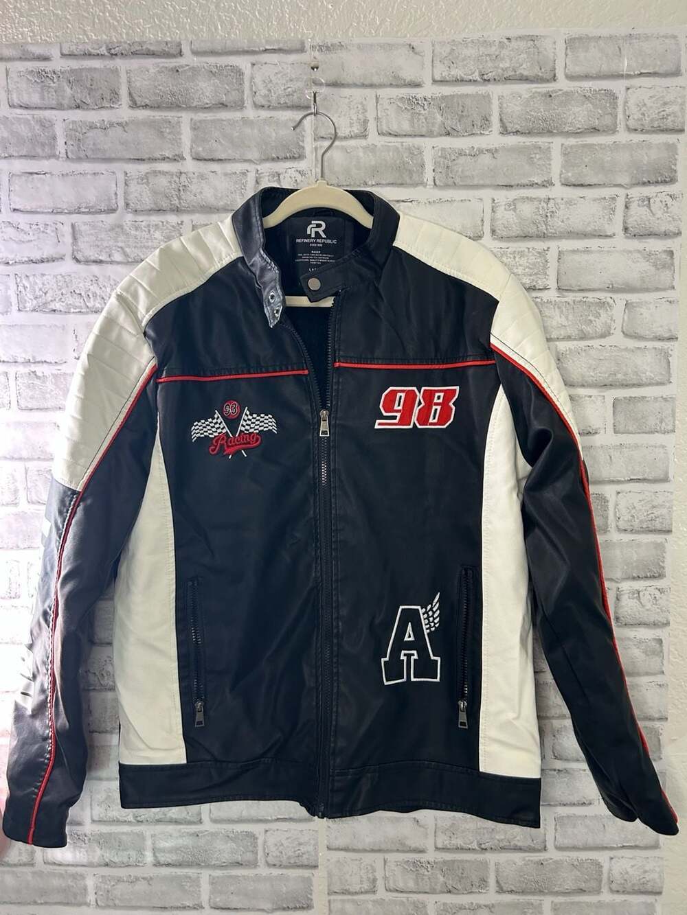 Refinery Republic Racer Faux Leather Jacket with Embroidered Racing Details